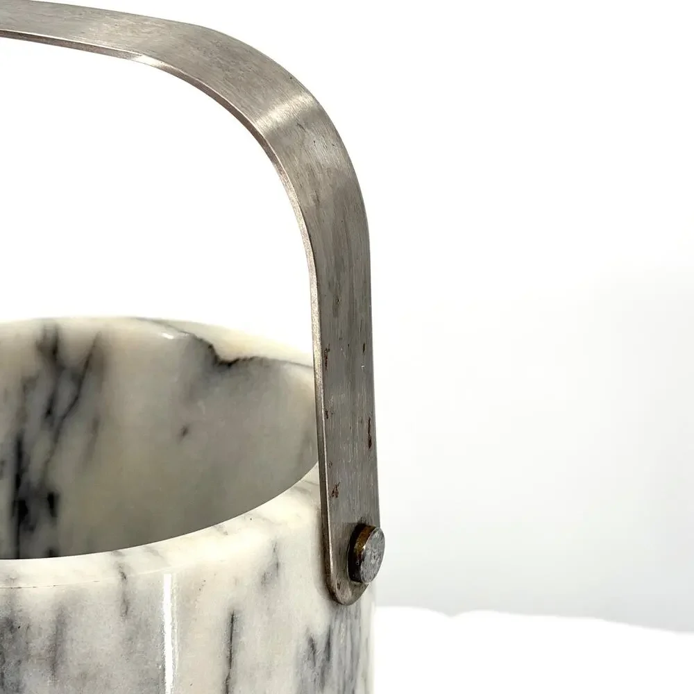 Vintage 70s White Grey Solid Marble Hollywood Regency Heavy Barware Ice Bucket
